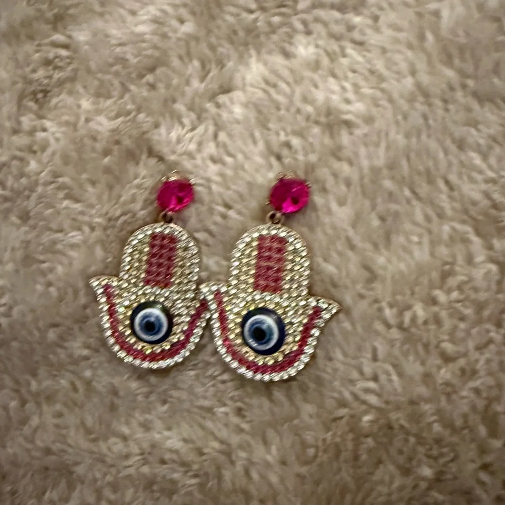Gold and Pink Hamsa Evil Eye Drop Earrings